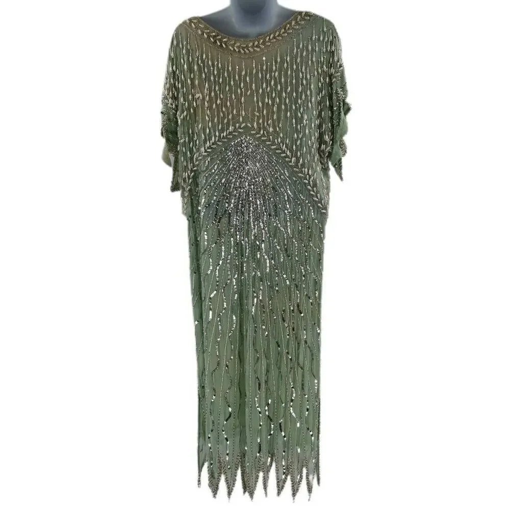 Vintage Mint Green & Silver Sequin Dress with Beaded Pearl Fringes | Large - Picture 3 of 9
